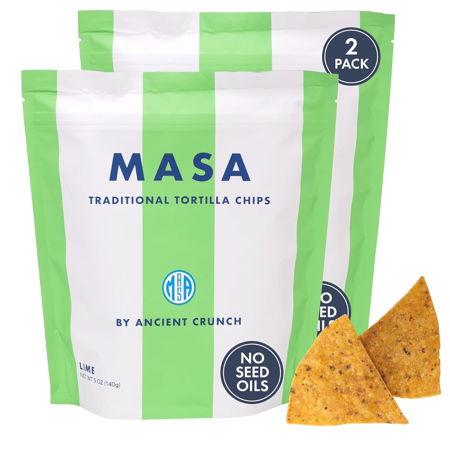MASA CHIPS - Tortilla Chips Snack Pack - Seed Oil Free, Naturally Grown Corn Chips - Low Carb Snacks - Made with Grass Fed Tallow & Sea Salt Tortilla Chips - 2 Pack, 5 Ounce Each