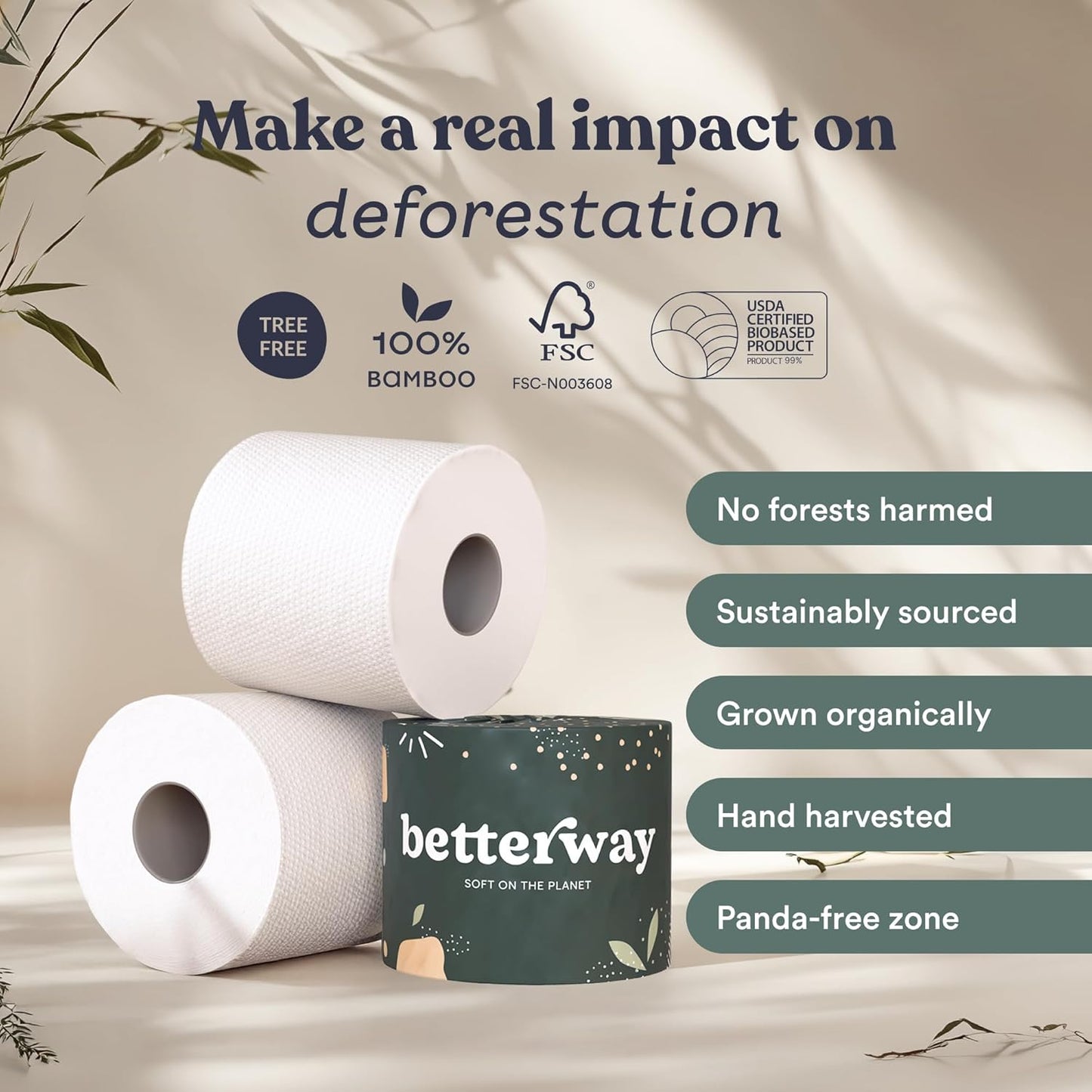 Bamboo Toilet Paper 3 Ply - Sustainable Toilet Tissue - 12 Double Rolls & 360 Sheets per Roll - Septic Safe - Organic, Plastic Free - FSC Certified