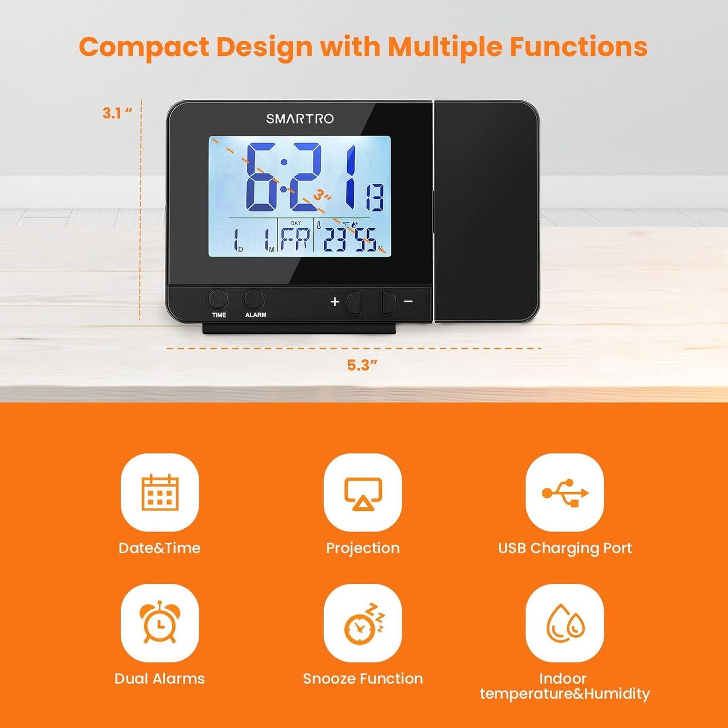Digital Projection Alarm Clock for Bedrooms with Indoor Thermometer Hygrometer, USB Charger, Bedside Projector, Travel, AC and Battery Operated