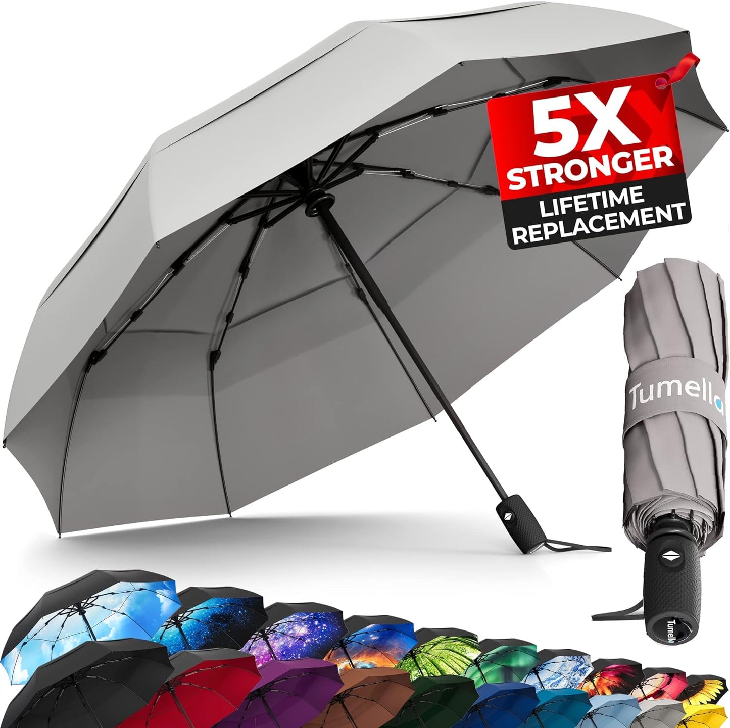 Strongest Windproof Travel Umbrella (Compact, Superior & Beautiful), Small Strong but Light Portable and Automatic Folding Rain Umbrella, Durable Premium Grip, Fits Car & Backpack