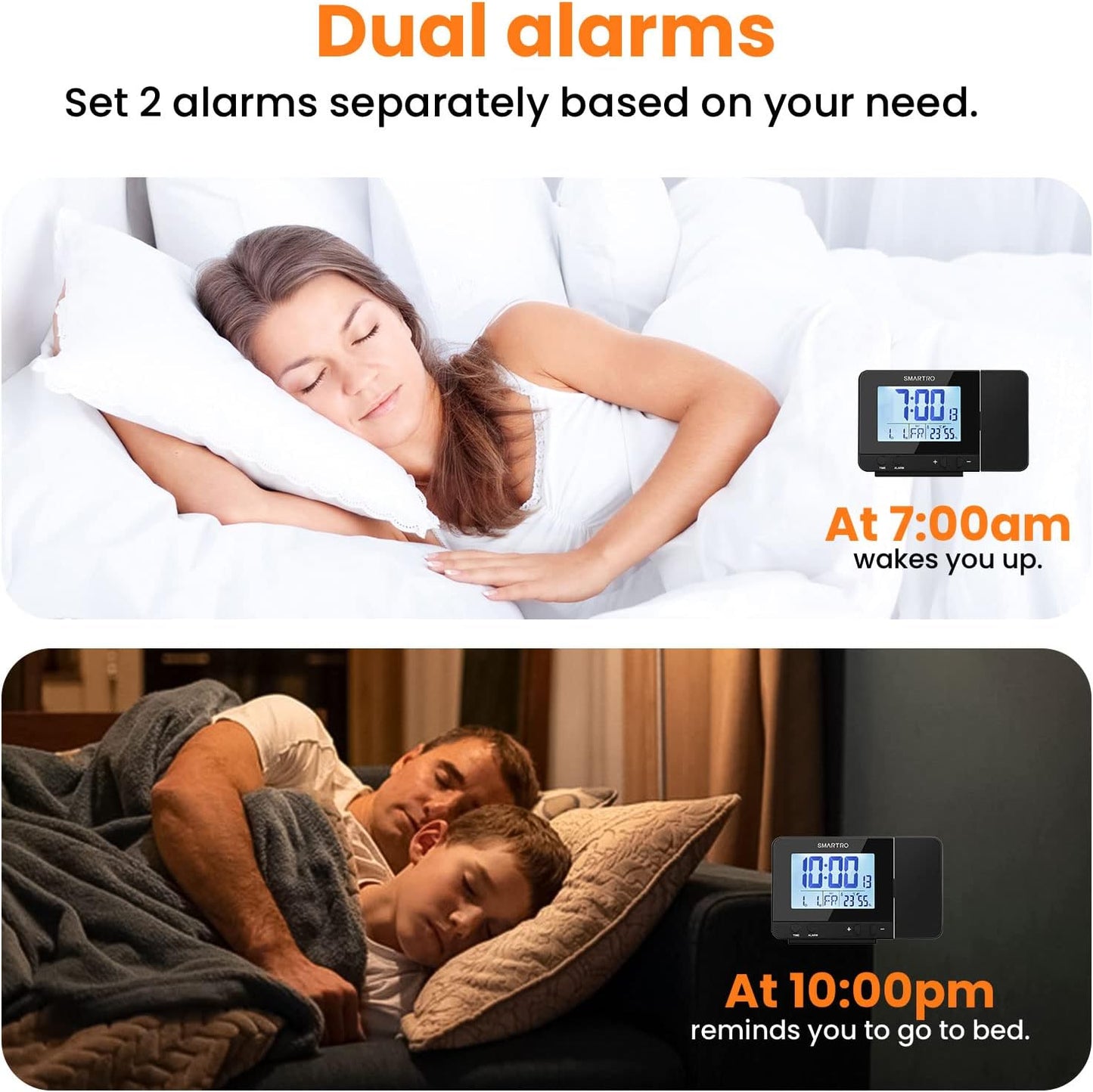 Digital Projection Alarm Clock for Bedrooms with Indoor Thermometer Hygrometer, USB Charger, Bedside Projector, Travel, AC and Battery Operated