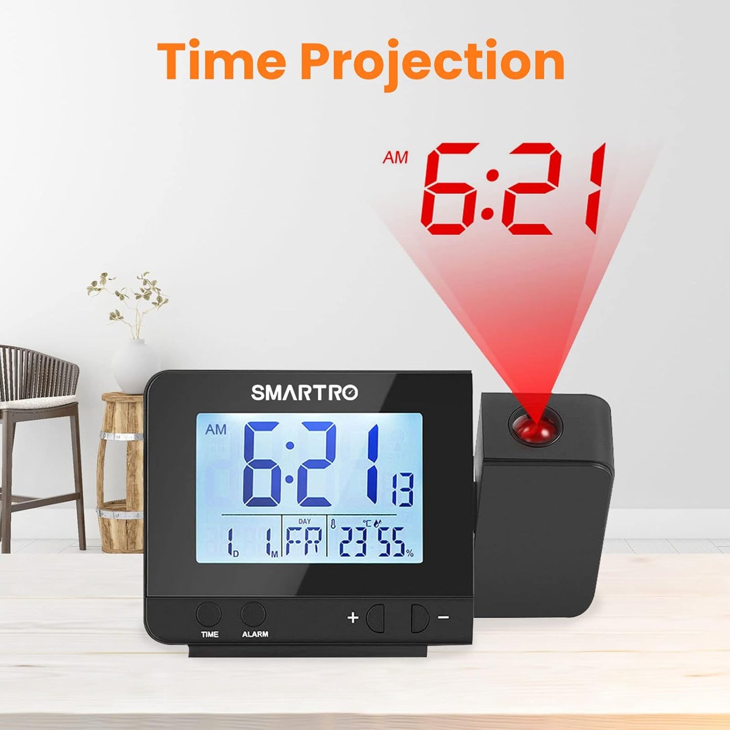 Digital Projection Alarm Clock for Bedrooms with Indoor Thermometer Hygrometer, USB Charger, Bedside Projector, Travel, AC and Battery Operated