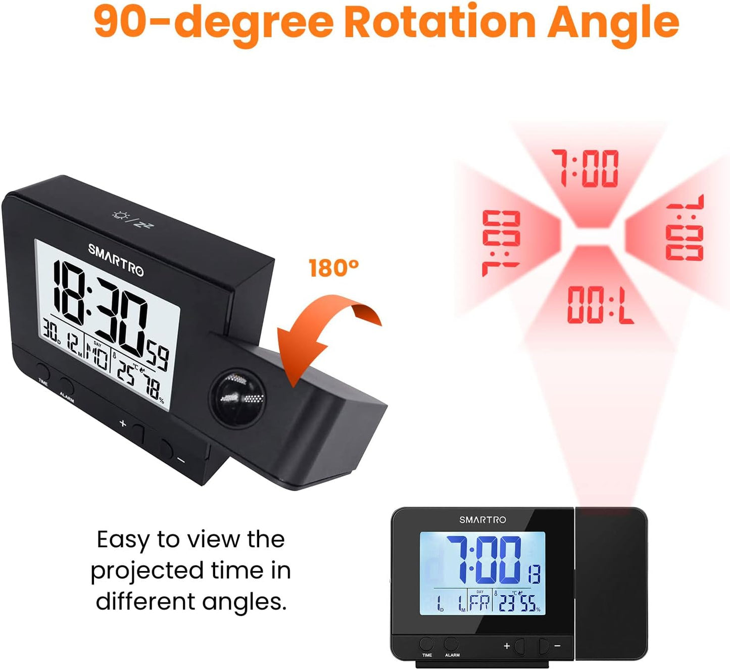 Digital Projection Alarm Clock for Bedrooms with Indoor Thermometer Hygrometer, USB Charger, Bedside Projector, Travel, AC and Battery Operated