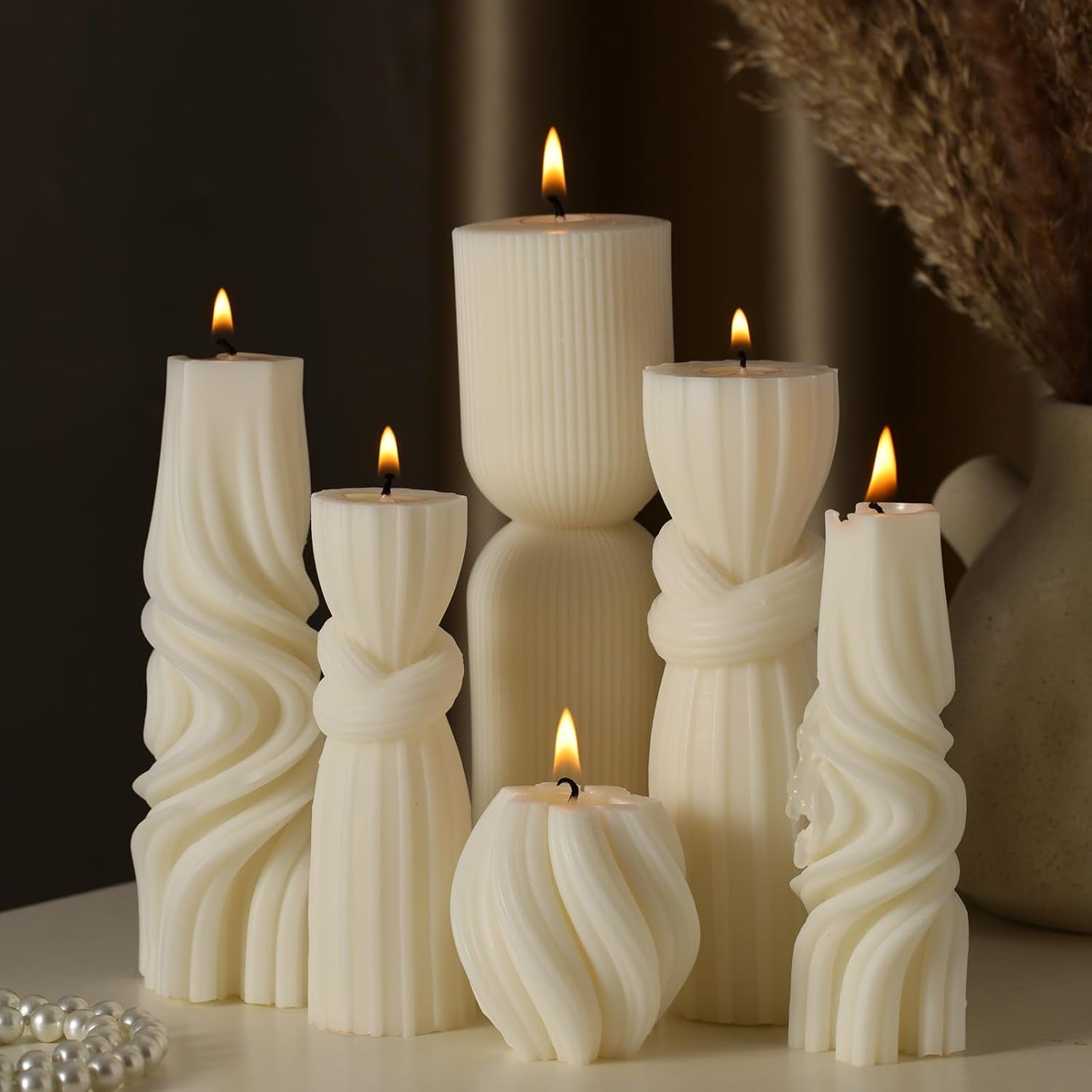 6 Pcs Pillar Candles Modern Aesthetic Ribbed Decorative Candle Set Cute Soy Wax Scented Ribbed Decor for Home(White,2.36-6.89 Inch)