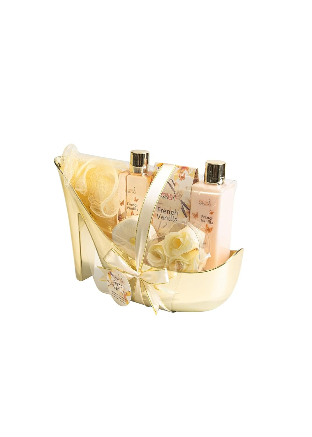 Elegant French Vanilla Bath Set Gold High Heel Shoe Spa Gift for Gifting, Pampering & Home Decor Shower Gel, Body Lotion, Bath Salts, Soap Flower & Many More Valentines Gift for Women