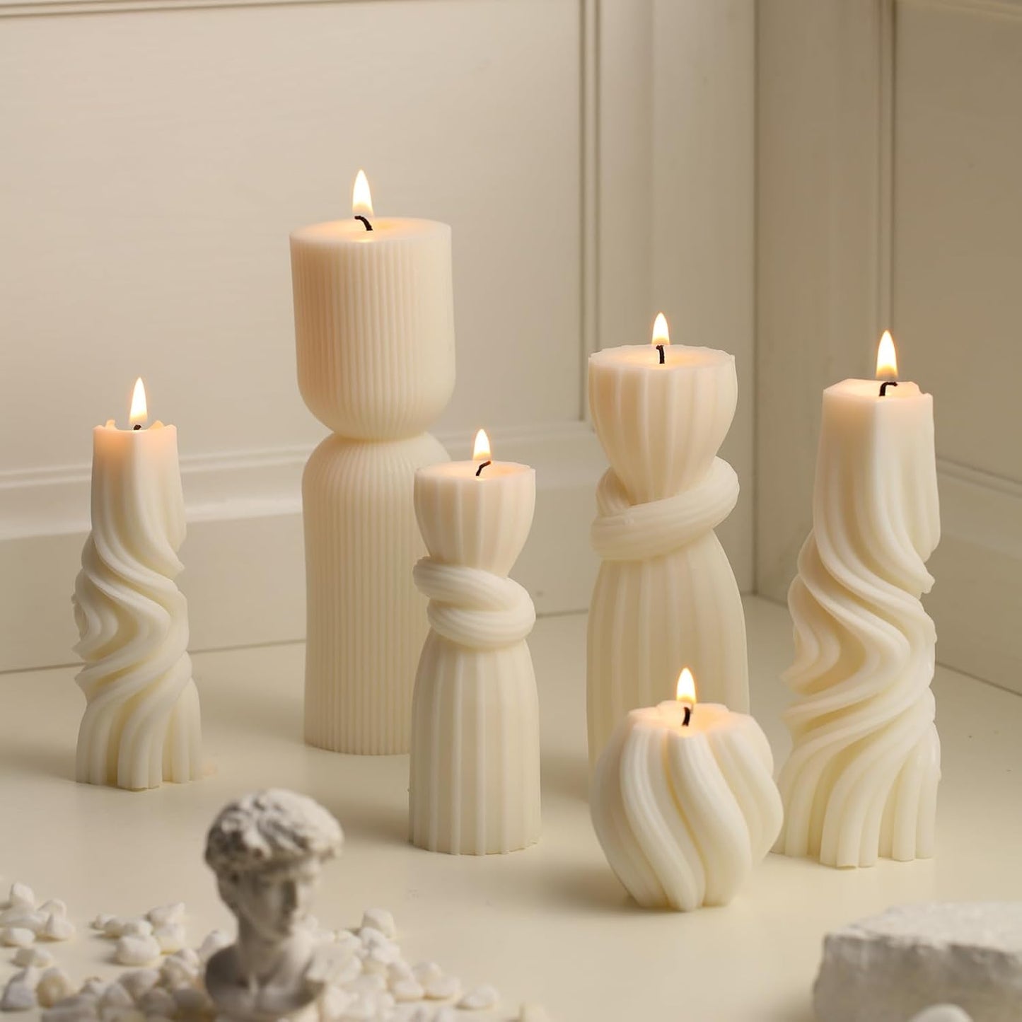 6 Pcs Pillar Candles Modern Aesthetic Ribbed Decorative Candle Set Cute Soy Wax Scented Ribbed Decor for Home(White,2.36-6.89 Inch)