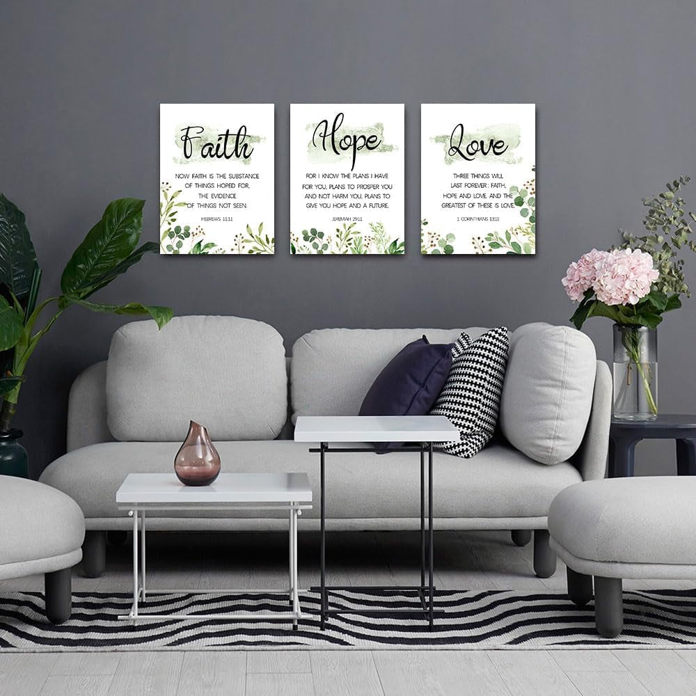 Faith, Hope & Love Bible Verse Inspirational Wall Art， Christian Canvas, a Great Christian Religious Decor Gift for Living Room Christian Bedroom，(29 X 38Cm X 3Pcs) Framed （Green）