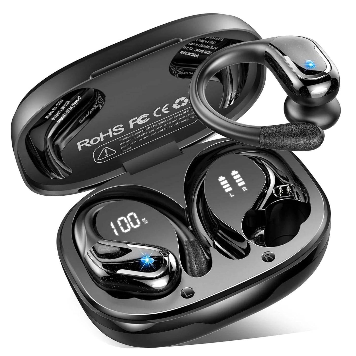 Wireless Earbud, 80Hrs Bluetooth 5.3 Headphones IP7 Waterproof for Sport, Running Wireless Earphones with ENC Noise Cancelling Mics, Deep Bass over Ear Bud with Earhooks for Android, Ios