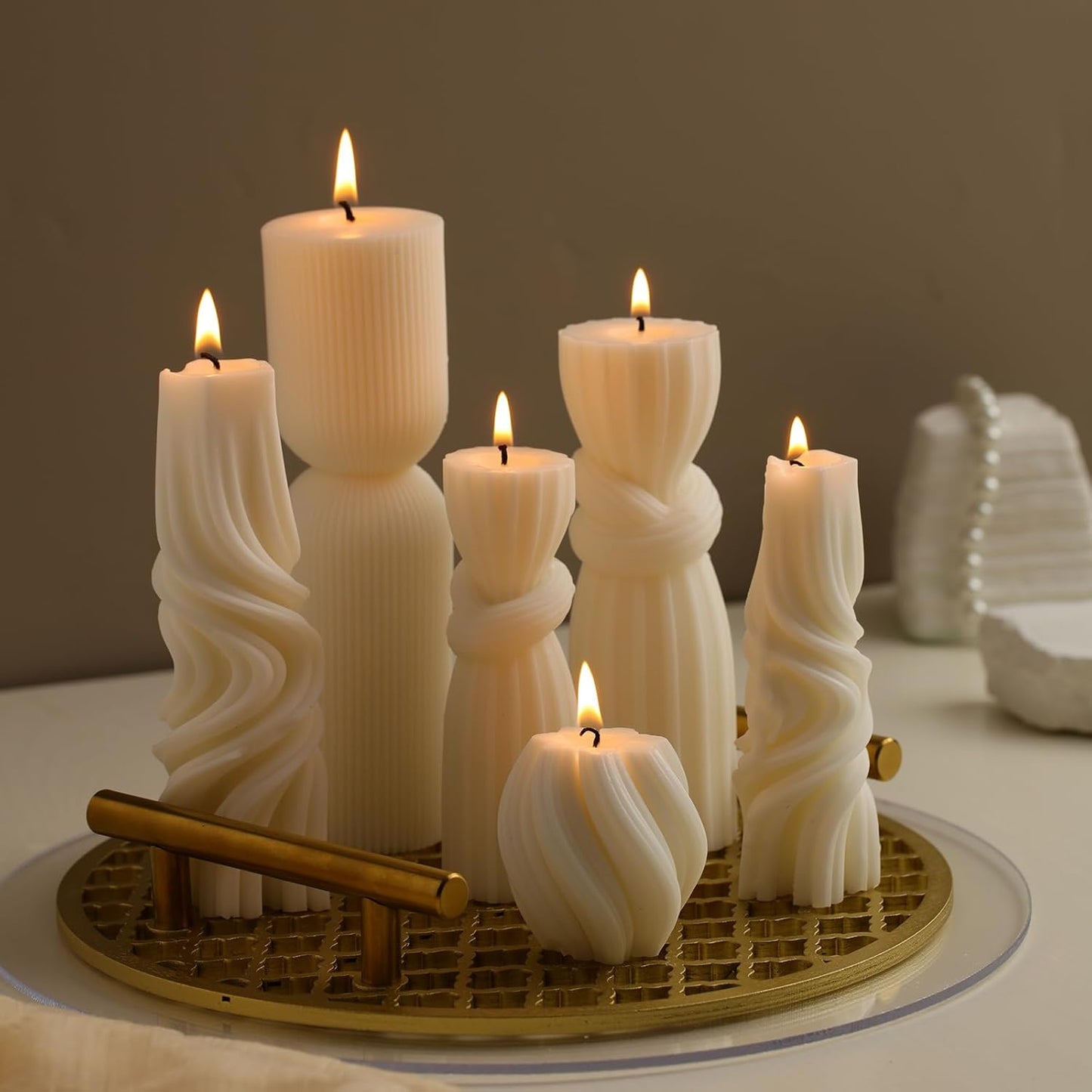 6 Pcs Pillar Candles Modern Aesthetic Ribbed Decorative Candle Set Cute Soy Wax Scented Ribbed Decor for Home(White,2.36-6.89 Inch)