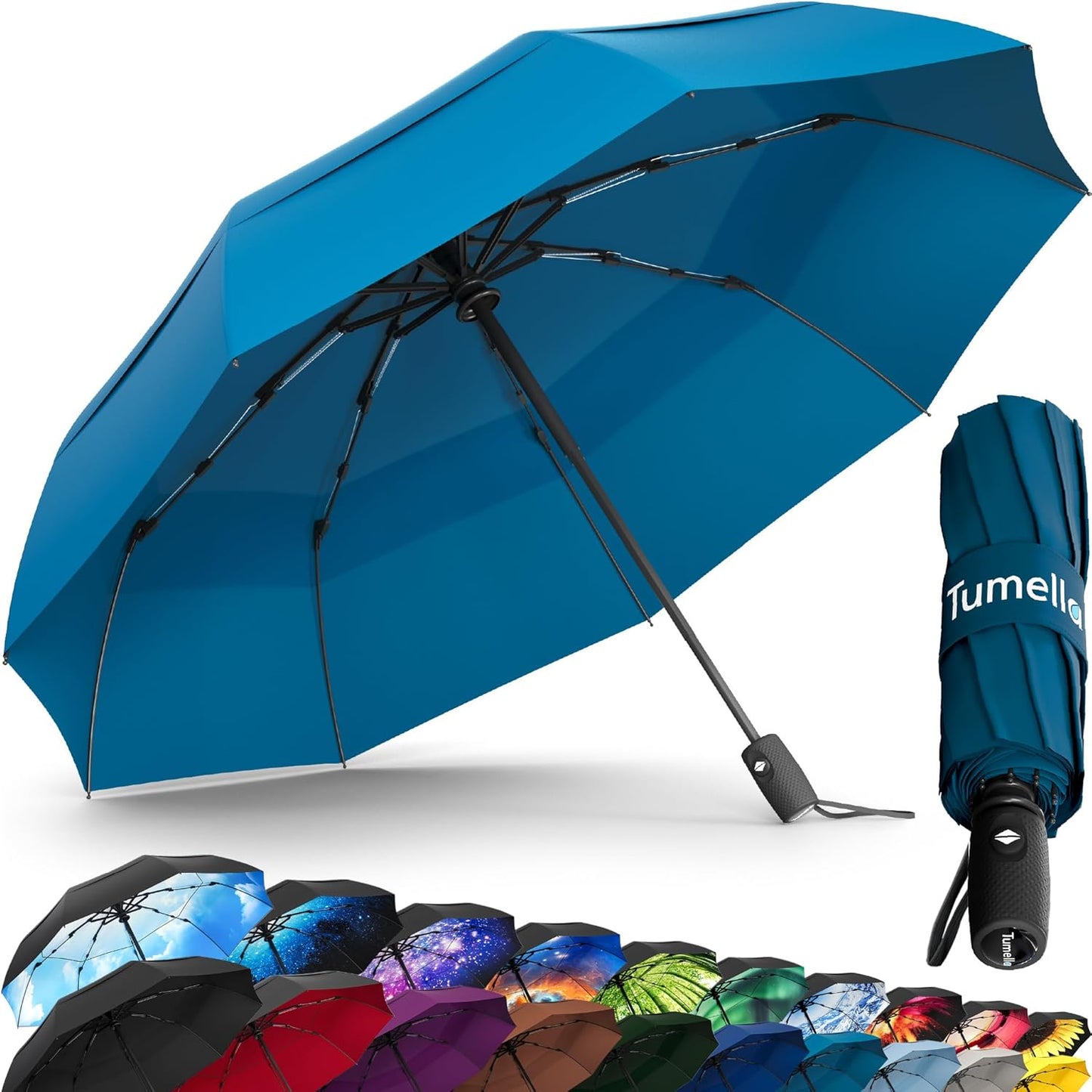 Strongest Windproof Travel Umbrella (Compact, Superior & Beautiful), Small Strong but Light Portable and Automatic Folding Rain Umbrella, Durable Premium Grip, Fits Car & Backpack