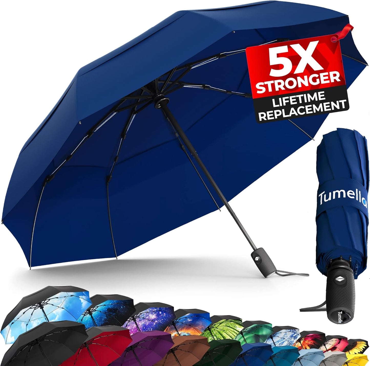 Strongest Windproof Travel Umbrella (Compact, Superior & Beautiful), Small Strong but Light Portable and Automatic Folding Rain Umbrella, Durable Premium Grip, Fits Car & Backpack