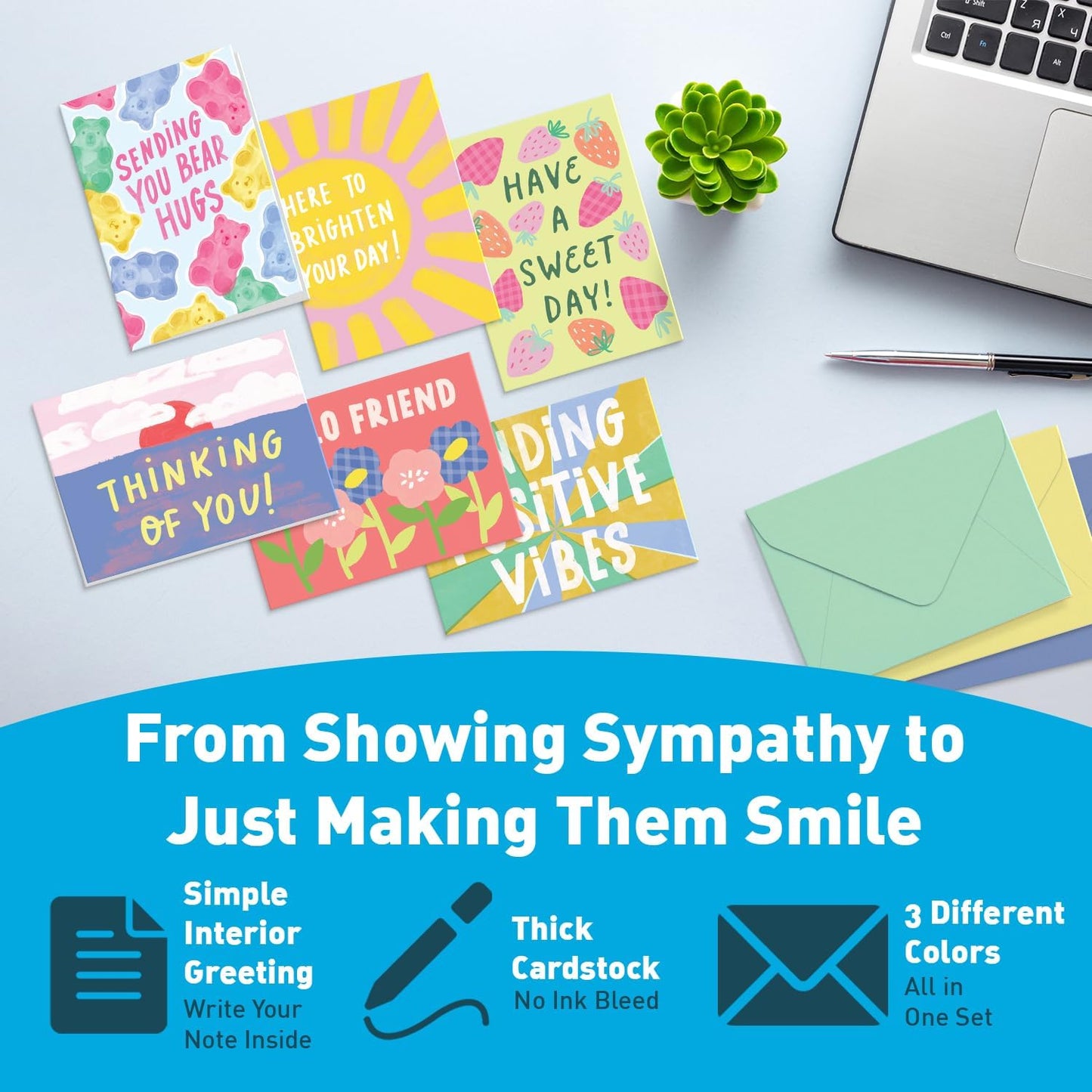 S&O Fun Thinking of You Cards with Envelopes - Colorful Thinking of You Card Pack of 24 Box - Blank inside Encouragement Cards with Envelopes - Bulk Boxed Greeting Cards Assorted Designs