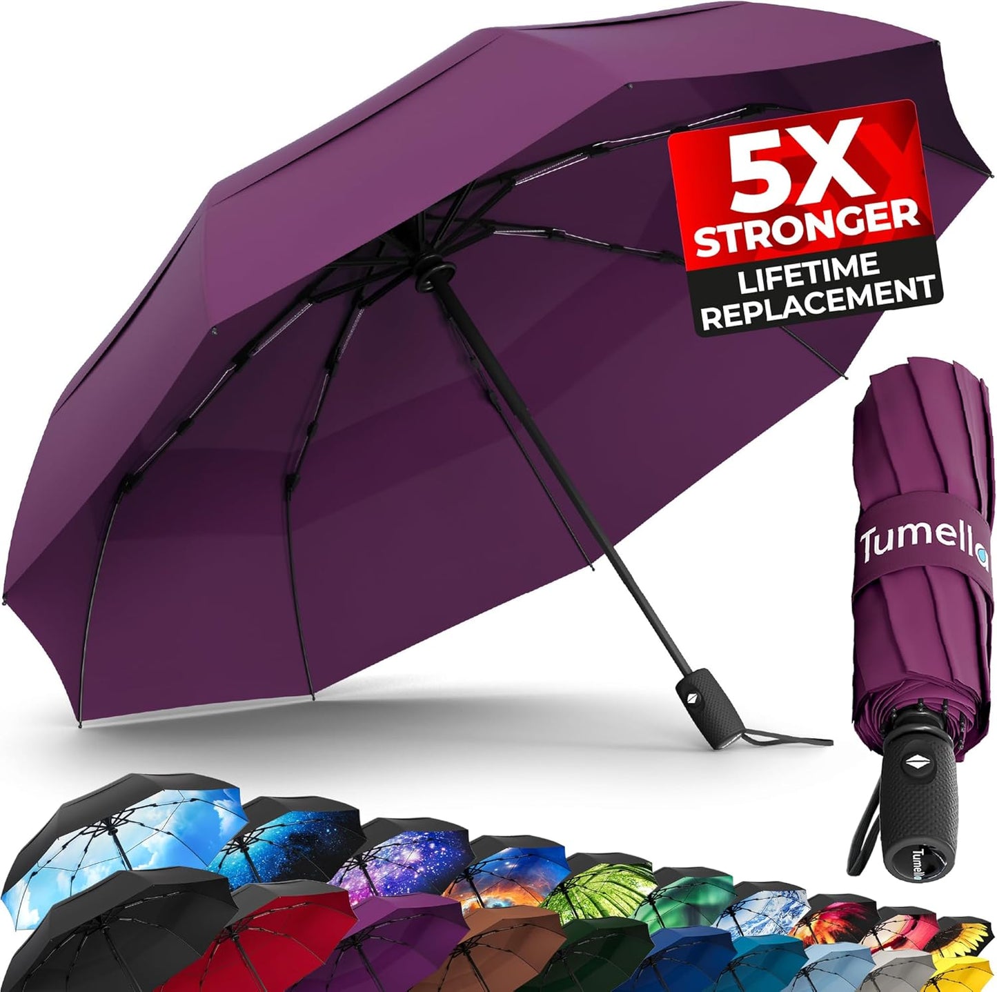 Strongest Windproof Travel Umbrella (Compact, Superior & Beautiful), Small Strong but Light Portable and Automatic Folding Rain Umbrella, Durable Premium Grip, Fits Car & Backpack