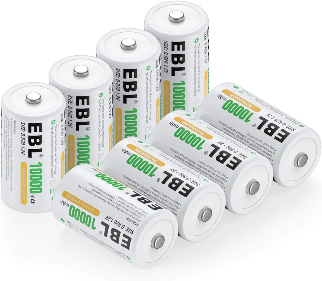 Pack of 8 10000Mah Ni-Mh D Cells Rechargeable Batteries, Battery Case Included