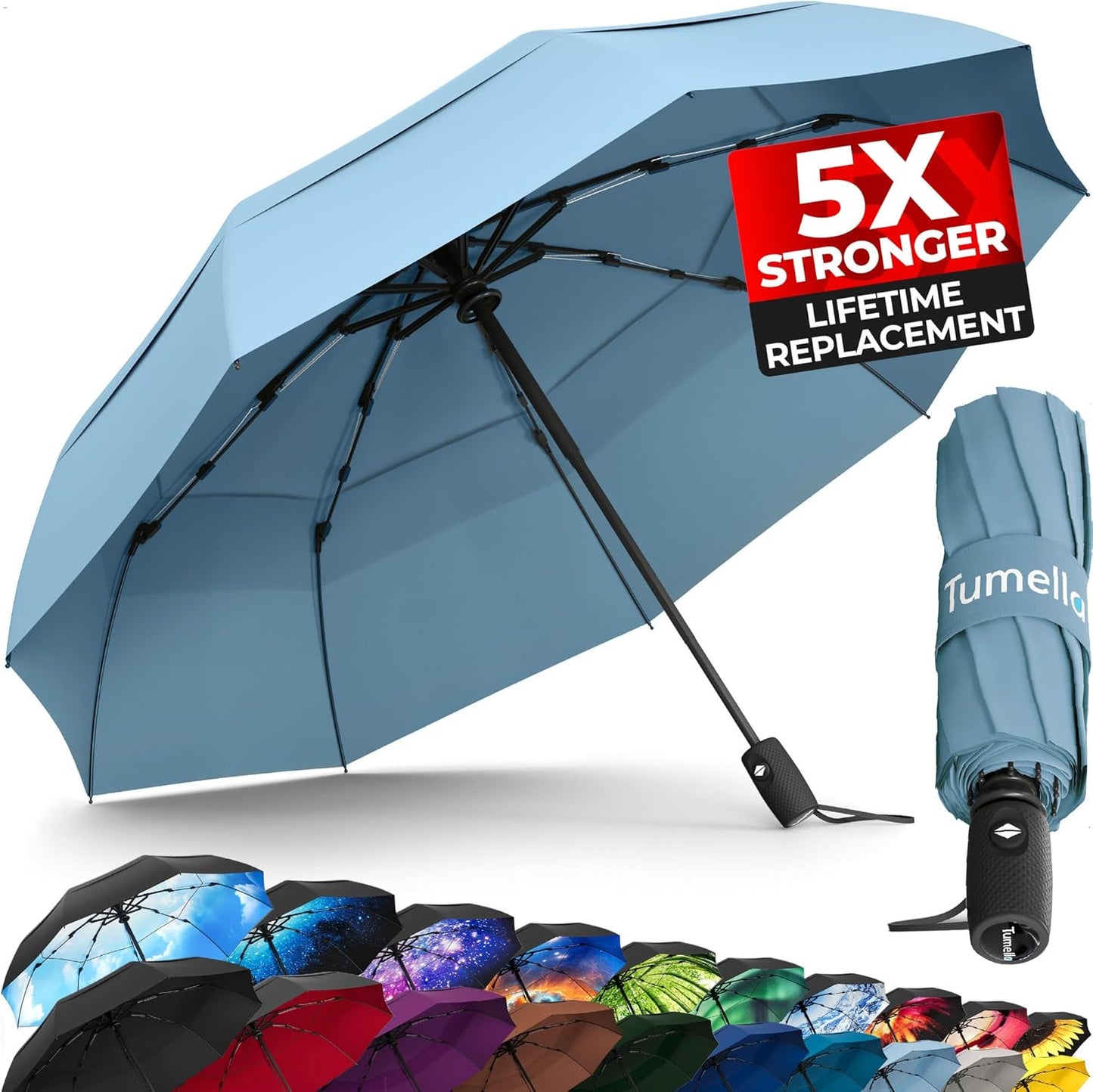 Strongest Windproof Travel Umbrella (Compact, Superior & Beautiful), Small Strong but Light Portable and Automatic Folding Rain Umbrella, Durable Premium Grip, Fits Car & Backpack