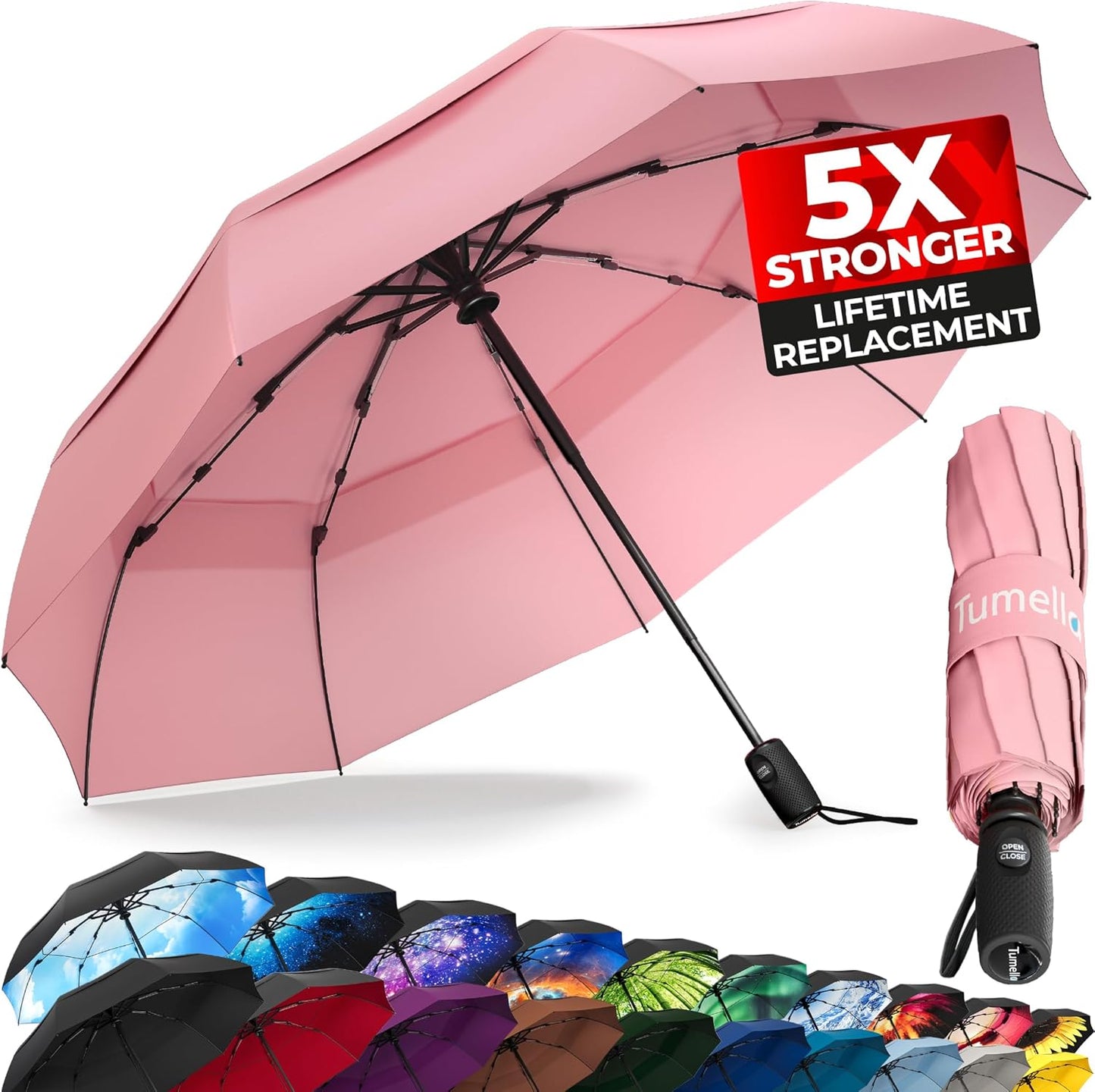 Strongest Windproof Travel Umbrella (Compact, Superior & Beautiful), Small Strong but Light Portable and Automatic Folding Rain Umbrella, Durable Premium Grip, Fits Car & Backpack