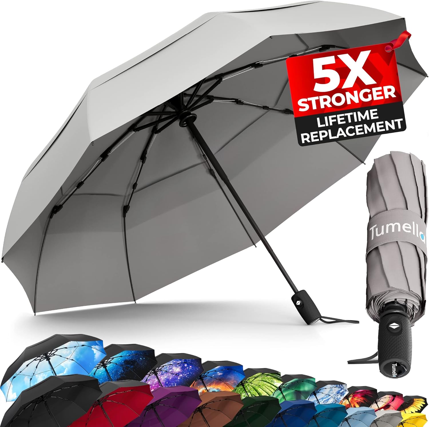 Strongest Windproof Travel Umbrella (Compact, Superior & Beautiful), Small Strong but Light Portable and Automatic Folding Rain Umbrella, Durable Premium Grip, Fits Car & Backpack