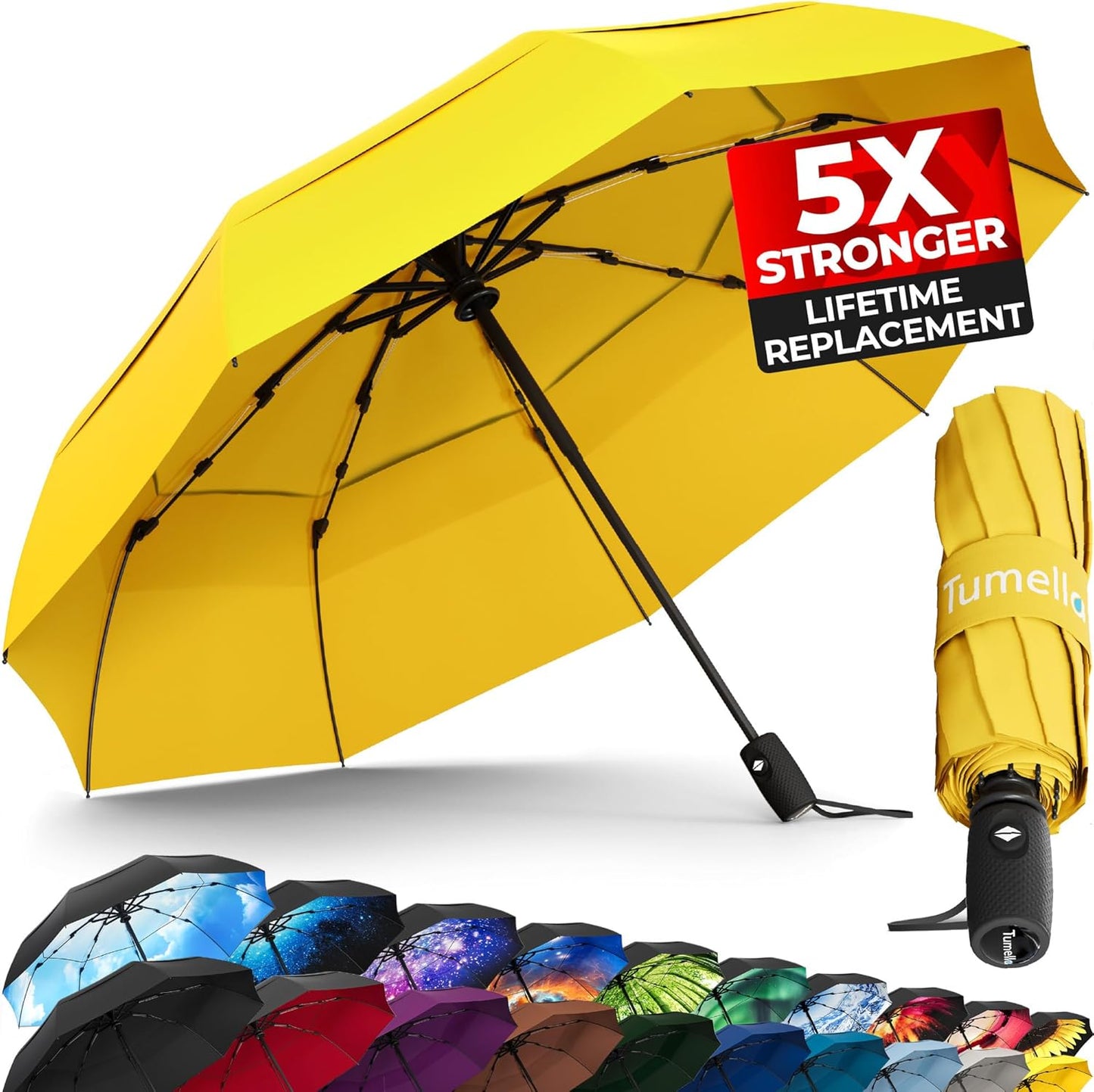 Strongest Windproof Travel Umbrella (Compact, Superior & Beautiful), Small Strong but Light Portable and Automatic Folding Rain Umbrella, Durable Premium Grip, Fits Car & Backpack