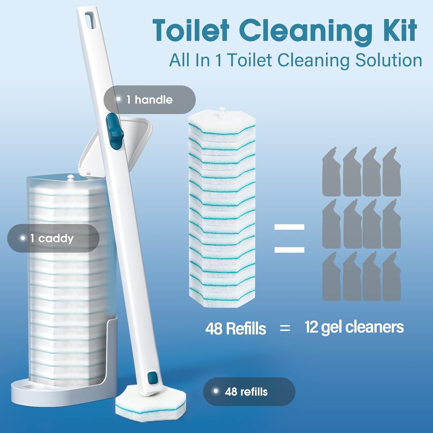 Disposable Toilet Brush with 48 PCS Refills, Disposables Toilets Cleaning System with Handle, Storage Caddy and 48Toilet Bowl Refill Heads for Bathroom Cleaning