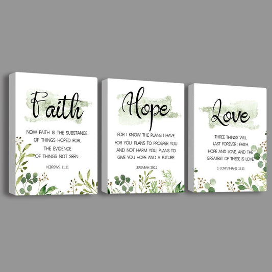 Faith, Hope & Love Bible Verse Inspirational Wall Art， Christian Canvas, a Great Christian Religious Decor Gift for Living Room Christian Bedroom，(29 X 38Cm X 3Pcs) Framed （Green）