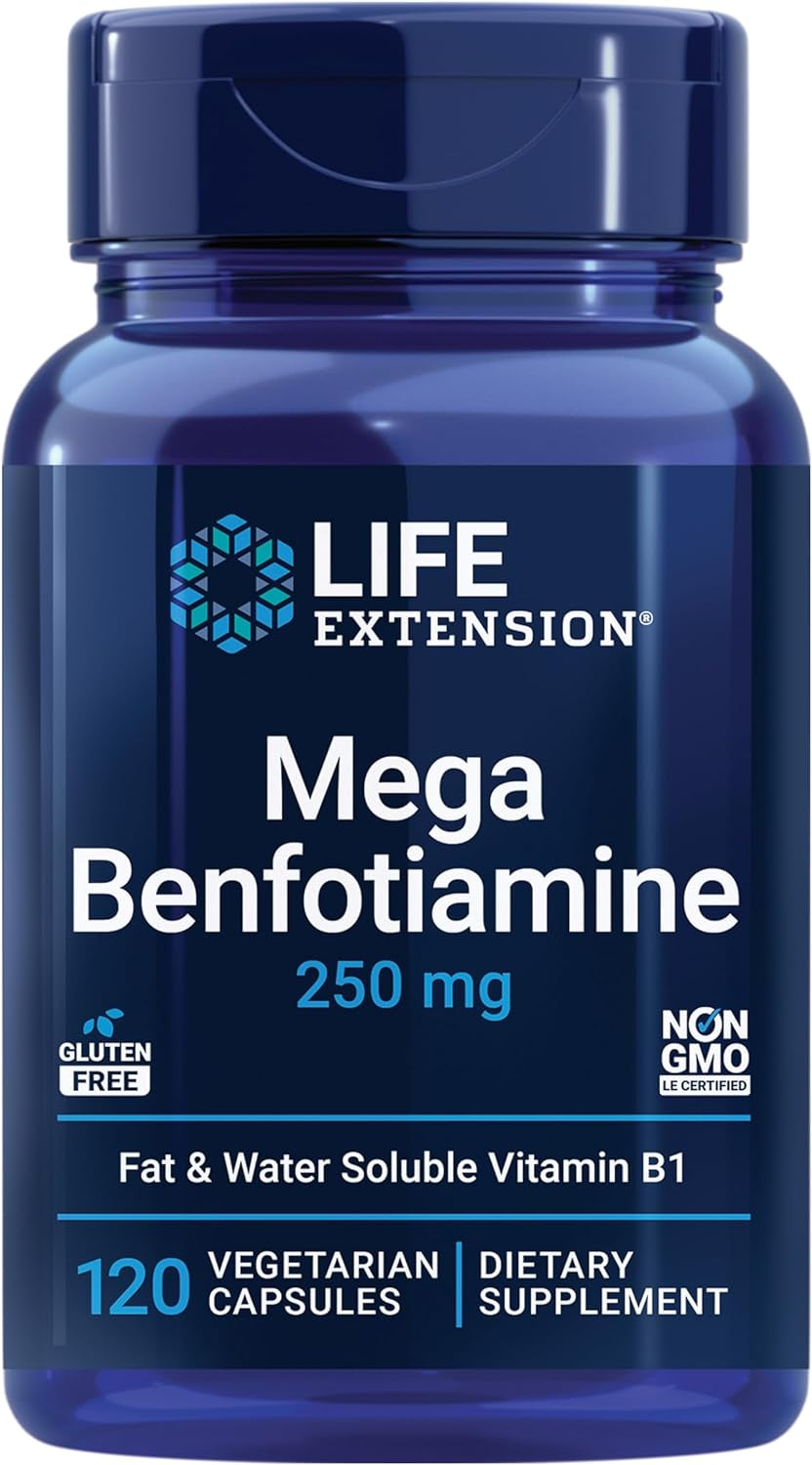 Mega Benfotiamine, 250 Mg, a Fat-Soluble Form of Thiamine, Healthy Metabolism, Ultra-Bioavailable Vitamin B1, High Potency, Gluten-Free, Non-Gmo, Vegetarian, 120 Capsules