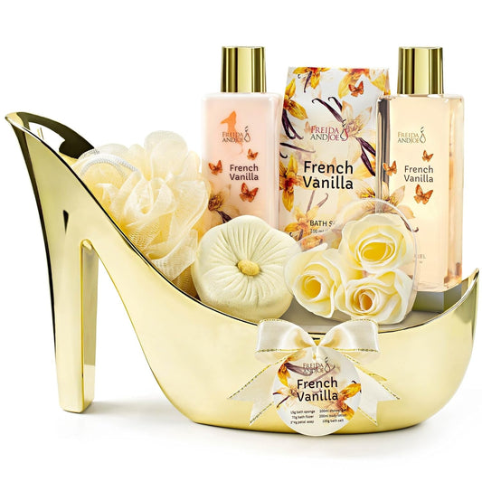 Elegant French Vanilla Bath Set Gold High Heel Shoe Spa Gift for Gifting, Pampering & Home Decor Shower Gel, Body Lotion, Bath Salts, Soap Flower & Many More Valentines Gift for Women