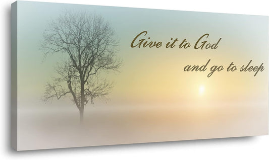 Misty Sunset & Tree Plant Picture for Bedroom above Bed,Large White Country Wood Sign for Bathroom Canvas Wall Art,Give It to God and Go to Sleep Artwork Decor,Gallery Wrapped Gift,Inner Frame(24X48)