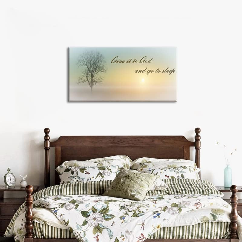 Misty Sunset & Tree Plant Picture for Bedroom above Bed,Large White Country Wood Sign for Bathroom Canvas Wall Art,Give It to God and Go to Sleep Artwork Decor,Gallery Wrapped Gift,Inner Frame(24X48)