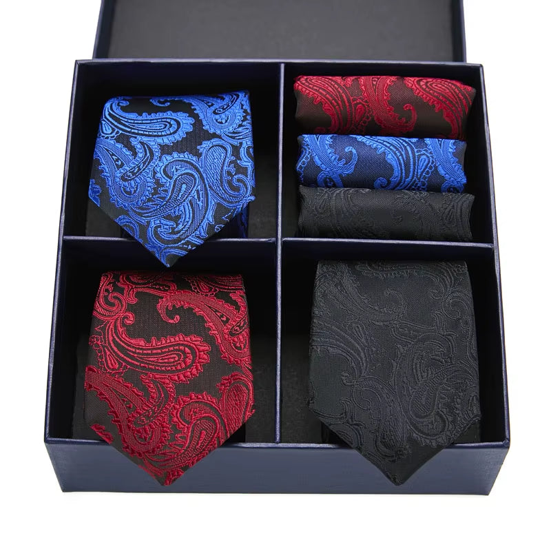 Gift Box Packing Silk Ties for Men Novelty Hanky Set 3 Styles Men'S Tie Formal Red Cravat for Wedding Business Necktie