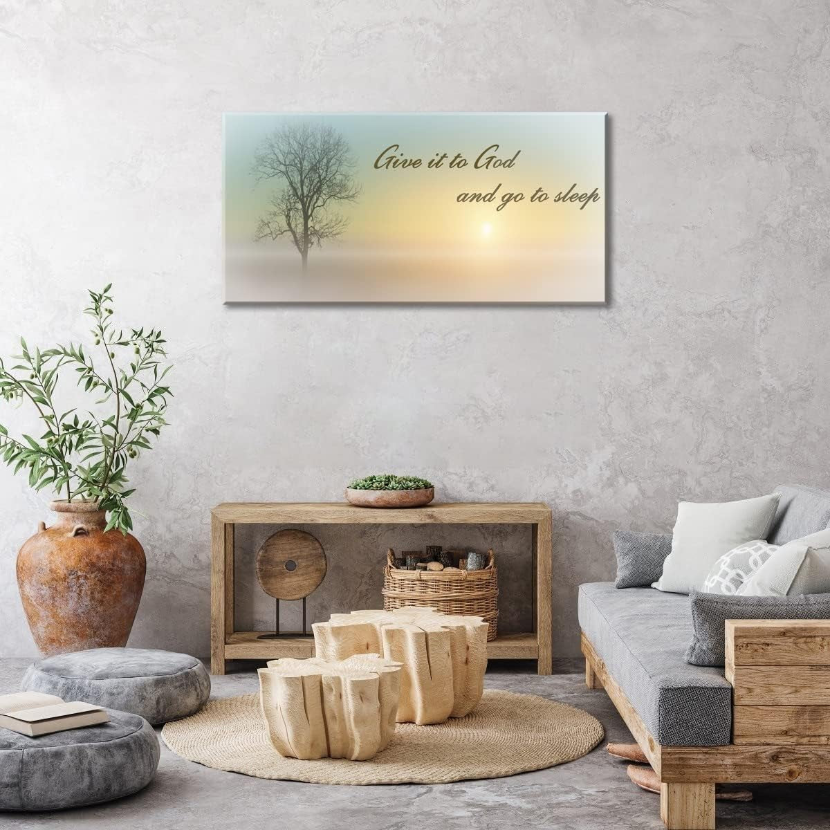 Misty Sunset & Tree Plant Picture for Bedroom above Bed,Large White Country Wood Sign for Bathroom Canvas Wall Art,Give It to God and Go to Sleep Artwork Decor,Gallery Wrapped Gift,Inner Frame(24X48)