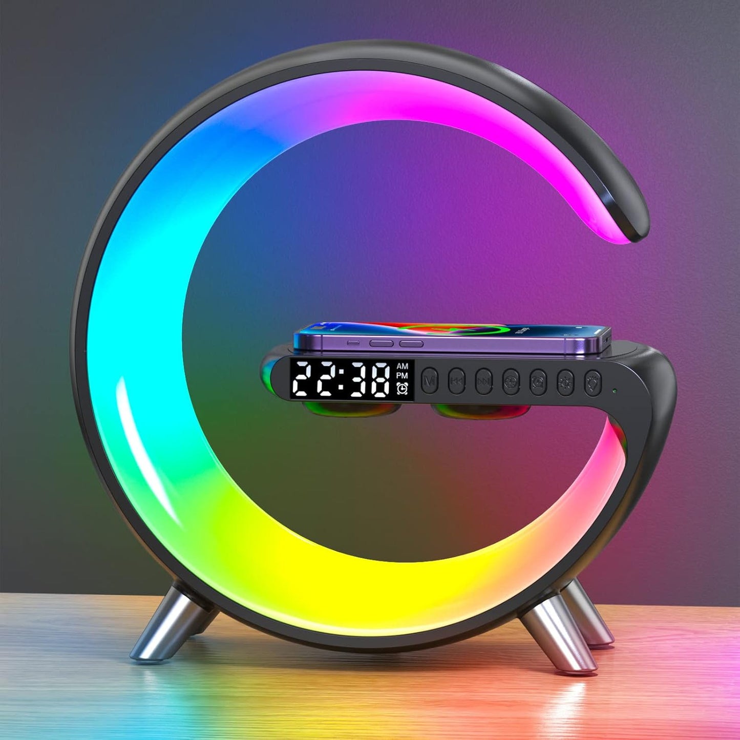 BKDRL Bluetooth Speaker Wireless Charger with Portable Small Mini Speaker,Wireless Atmosphere Lamp,Multifunctional RGB Night Light Alarm Clock & Charging Station,App Control (Black) (-803)