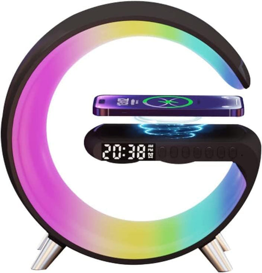 BKDRL Bluetooth Speaker Wireless Charger with Portable Small Mini Speaker,Wireless Atmosphere Lamp,Multifunctional RGB Night Light Alarm Clock & Charging Station,App Control (Black) (-803)