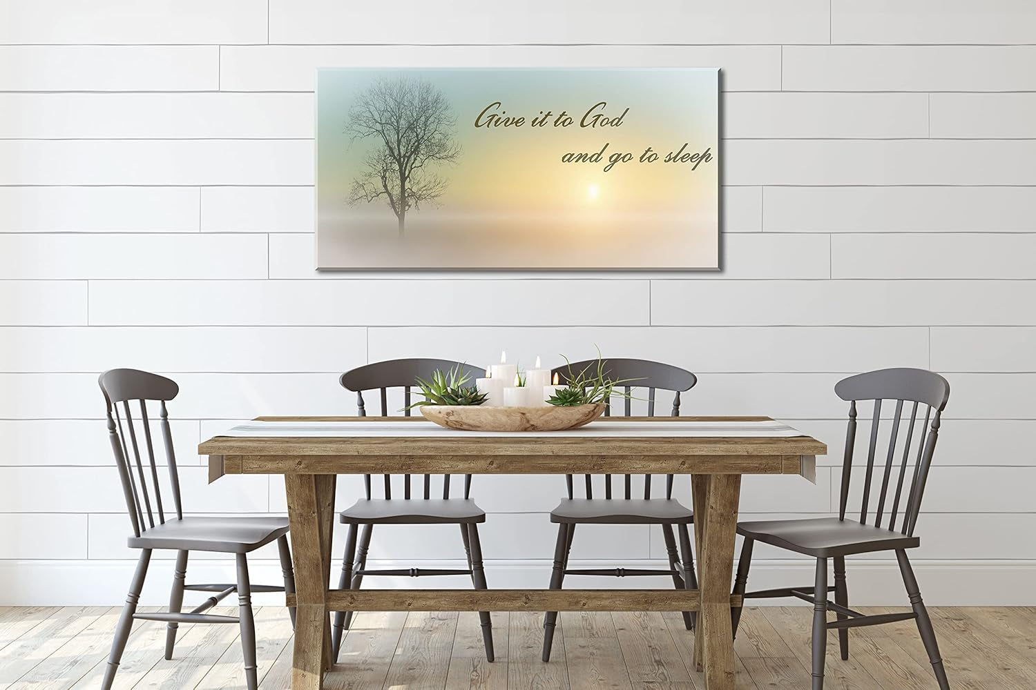 Misty Sunset & Tree Plant Picture for Bedroom above Bed,Large White Country Wood Sign for Bathroom Canvas Wall Art,Give It to God and Go to Sleep Artwork Decor,Gallery Wrapped Gift,Inner Frame(24X48)